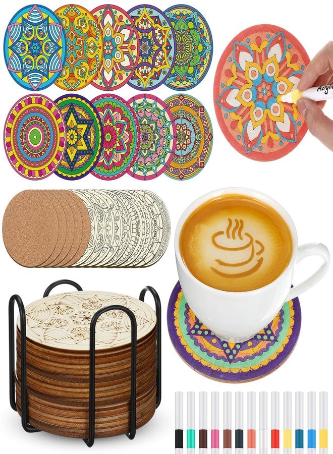 Reallnaive 45 Pcs Wooden Coasters Painting Set with Markers 4 Inch Boho Drink Coaster Gift Arts and Crafts DIY Kit for Adults, Women, Hobby, Christmas Ornament Home Apartment Decor (Mandala) - Image 1